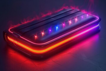 Obraz premium A glowing neon wallet. The wallet is made of black leather and has a red neon outline. There are also blue and purple neon lights on the wallet.