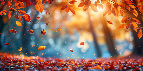 Beautiful autumn landscape with. Colorful foliage in the park. Falling leaves natural background