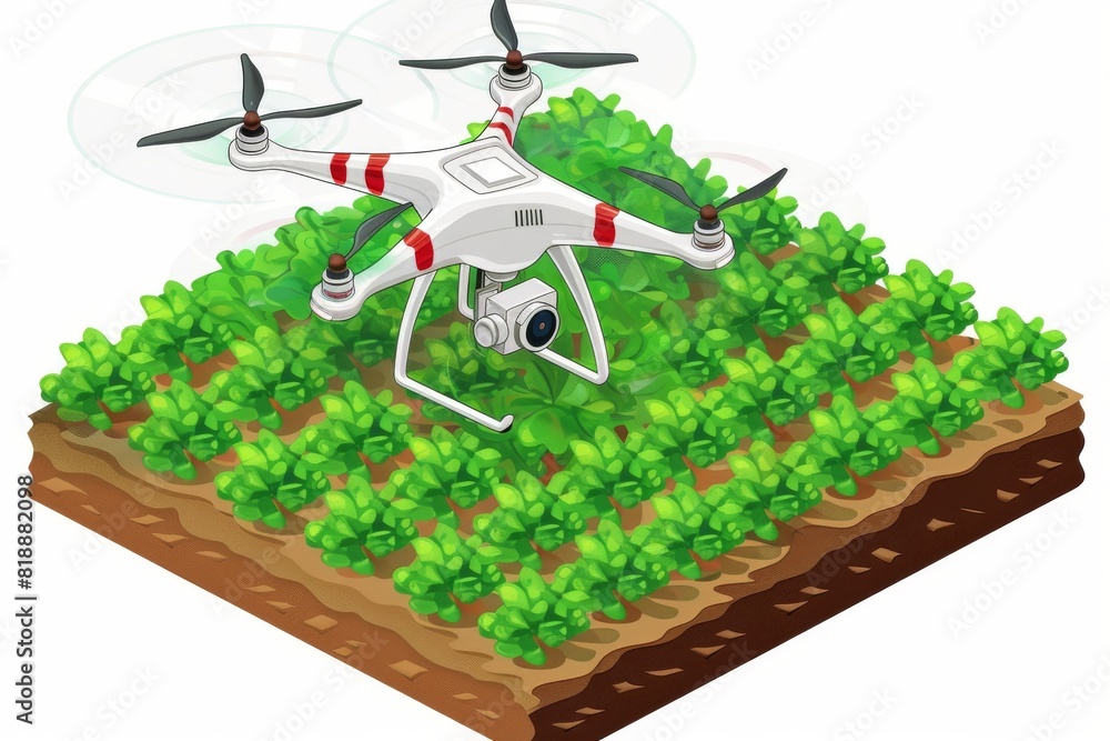 Poster drone crop management in small-scale farm layout with stock photo sensor for cultivation and drone s