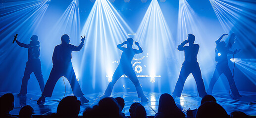 Silhouetted Group Performing Energetic Dance Routine on Stage with Dramatic Lighting