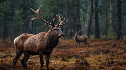 Fototapeta premium Majestic Horned Deers A Captivating Glimpse into their Natural Forest Habitat