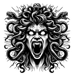 Angry medusa vector art, illustration of medusa isolated on white.