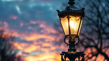 Vintage street lamp glowing at sunset with colorful sky in the background. Close-up photography. Evening and urban lighting concept. Design for poster, wallpaper, greeting card - Powered by Adobe