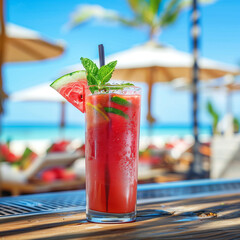 Beneath the sweltering sun, a vibrant scene unfolds on the sandy shores of a tranquil beach. A refreshing cocktail adorned with succulent cubes of watermelon rests upon a weathered wooden table