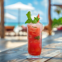 Indulge in the epitome of summer refreshment with this tantalizing cocktail featuring vibrant slices of ripe strawberries floating atop a delicate blend of spirits. 