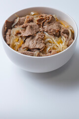 白背景の牛丼の写真