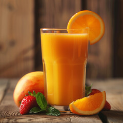 In the soft morning light, a pristine glass holds a refreshing concoction of freshly squeezed orange juice. The liquid gleams like liquid sunshine