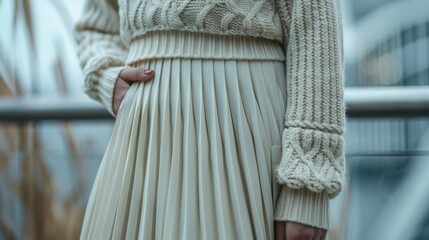 closeup of pleated tennis skirt and cableknit sweater fashion detail shot