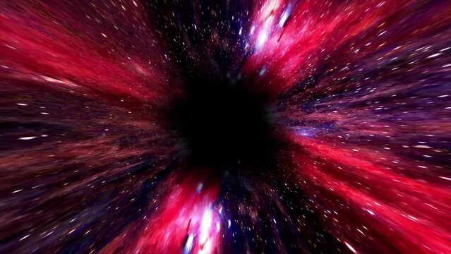 Looped galaxy tunnel in red purple color. Travel through a colorful universe to a wormhole. Hyper jump through a bright star nebula. Astronomical space research. Futuristic interstellar whirlwind. 