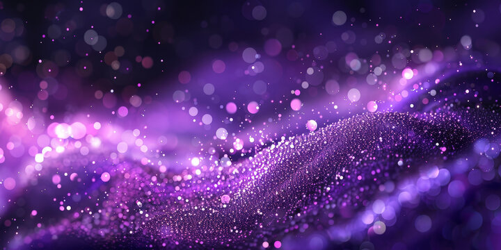 abstract purple background with  particles, glitter and bokeh lights, glowing light rays on dark background, 