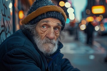 Homeless elderly man with beard close-up portrait