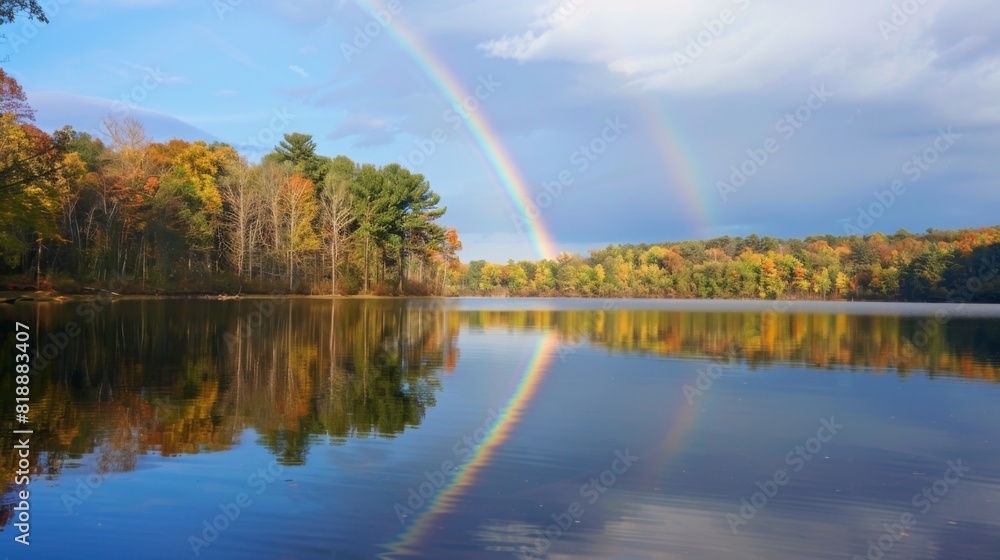 Poster rainbow reflected in the calm waters of a lake, enhancing the tranquility of the scene