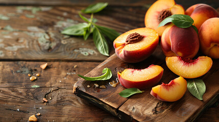 Board with sliced peaches on wooden table