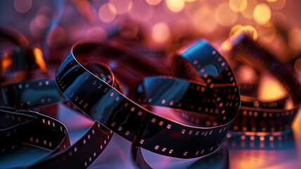 Fototapeta na wymiar Close-up of tangled film strips with colorful bokeh lights in the background. Macro photography. Cinematic and vintage concept. Design for poster, wallpaper, greeting card