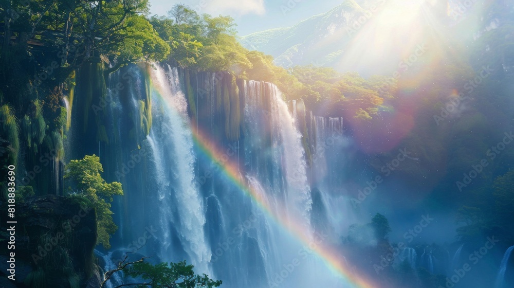 Poster rainbow reflected in the mist of a cascading waterfall, creating a magical scene