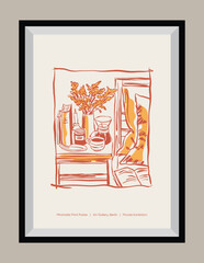 Minimal hand drawn vector interior design illustration with aesthetic quote in a poster frame. Matisse style illustrations.	