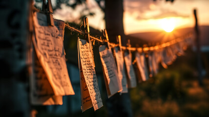 Close-up of handwritten notes hanging on a clothesline at sunset. Photography with blurred background. Nostalgic and literary concept. Design for poster, wallpaper, greeting card