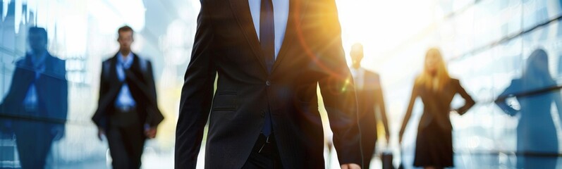 Many business people walking down a hallway together, business background