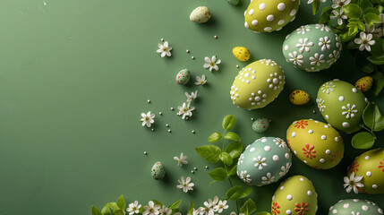 Board with stylish Easter eggs on green background
