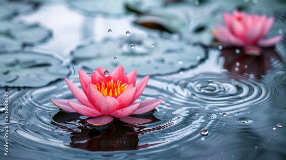 Aufkleber raindrops creating mesmerizing ripples on the surface of a pond filled with lotus blooms