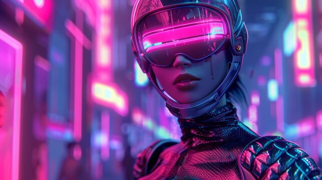 Futuristic Female Figure in Metallic Suit in Neon-Lit Cyberpunk Cityscape - Advanced Technology and Style