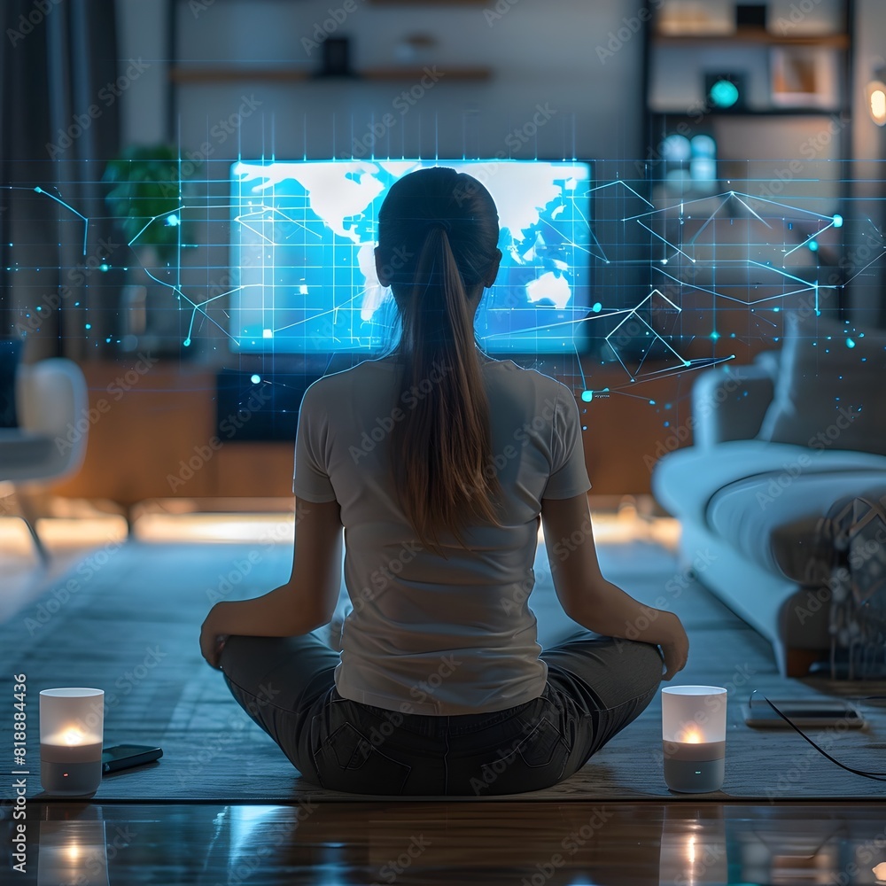 Poster woman controlling smart home devices using voice commands in futuristic tech enabled environment