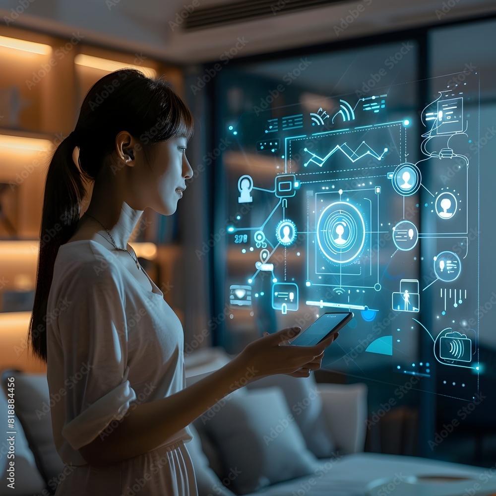 Poster woman controlling smart home devices with voice commands in a futuristic business technology network