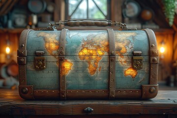 Train Travel Adventure Treasure Chest Illustration or image of a treasure chest filled with symbolic items from a train travel adventure