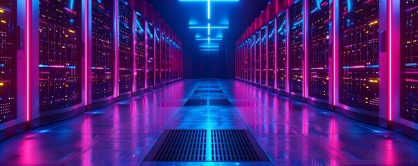 Futuristic Corporate Data Center with Illuminated Servers and Cooling System in a Technological Networking Hub