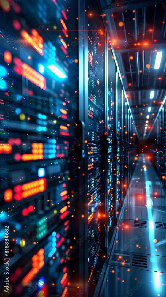 Poster vibrant digital data flow in futuristic high tech server room representing online transactions and e