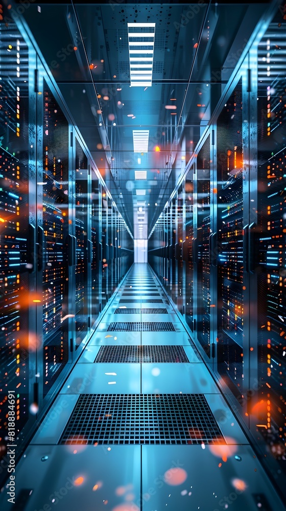 Poster high tech server room with blurred digital data flow representing online transactions and e commerce