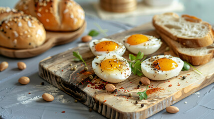 Board with tasty fried quail eggs and bread on color white