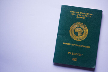 Official old Green ECOWAS Nigerian passport for tourism and travel on a White background 