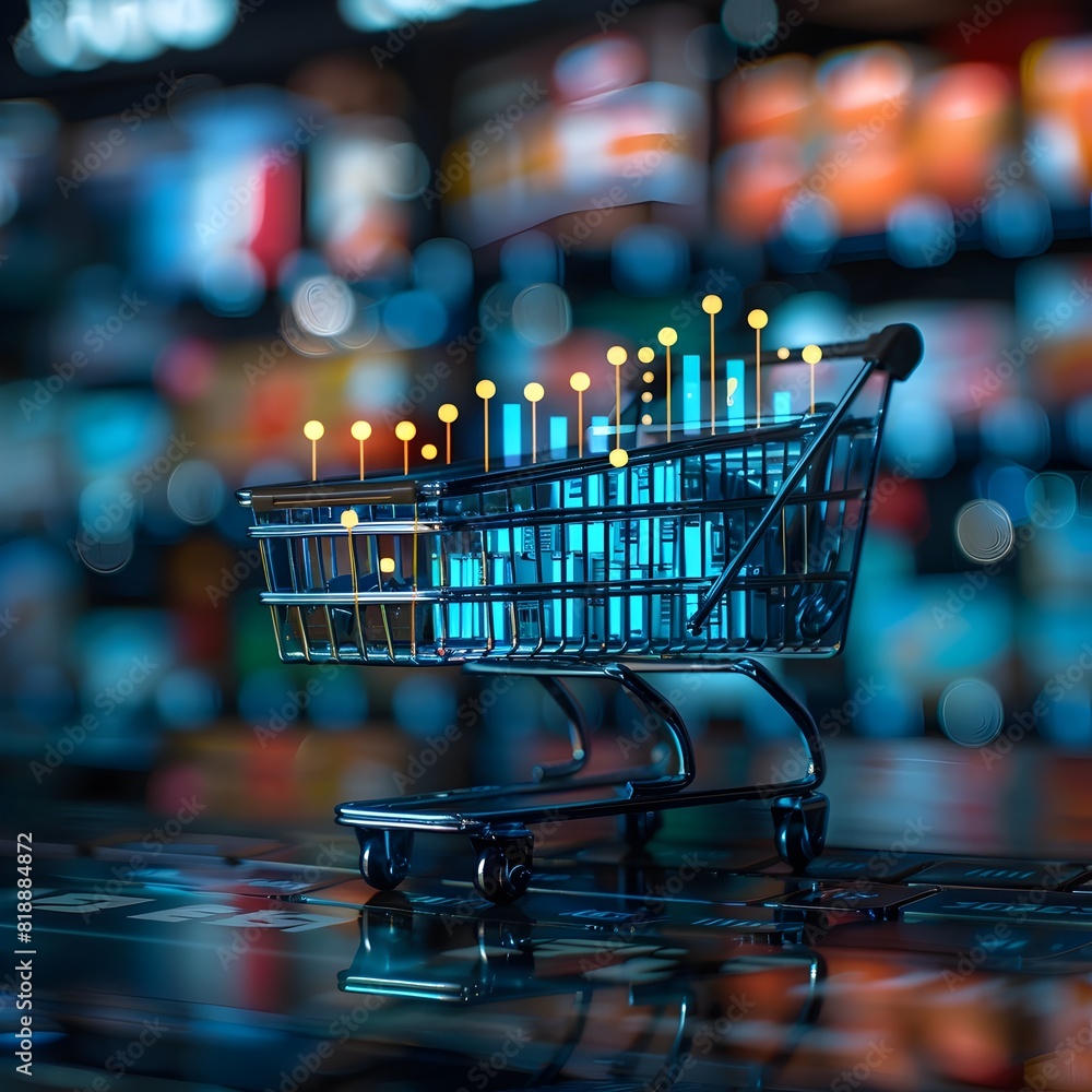 Poster animated e commerce sales growth data visualization in dynamic 3d shopping cart display interface