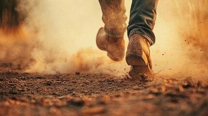 dusty cowboy boots kicking up trail as rider departs into unknown western adventure concept