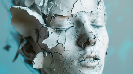 Surreal fashion concept. close-up of cracked wax plaster statue woman disintegrating into pieces