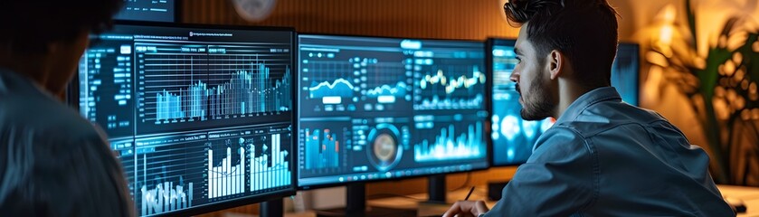 Fototapeta premium Digital Marketing Team Analyzing Live Campaign Results on Multiple Monitors for Online Business and E Commerce Insights