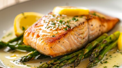 Salmon steak on a bed of asparagus, drizzled with a lemon butter sauce