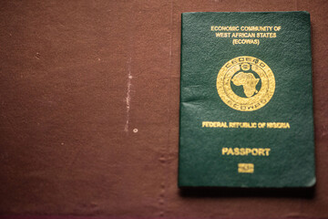 Close Shut of a Green ECOWAS Nigerian passport for tourism and travel