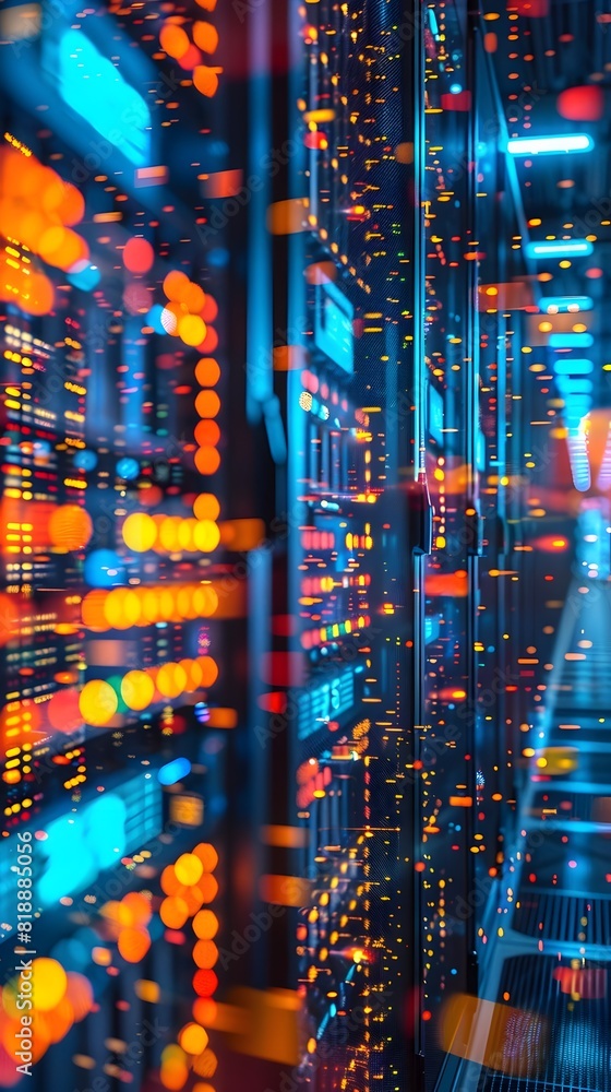 Poster high tech server room with blinking lights reflecting data transfer in a technology networking and d
