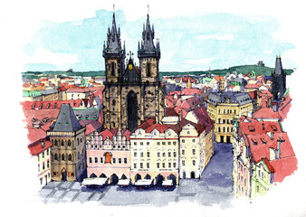 Prague old town square hand drawn watercolor sketch