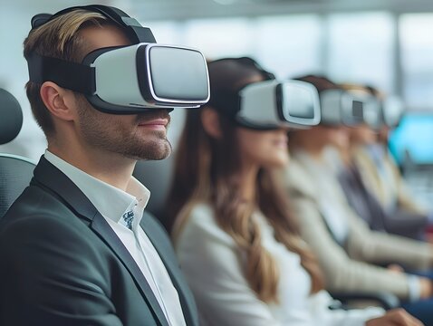 Business Professionals Engaging in Virtual Reality Conference in Futuristic Office Setting for Technology Networking and Digital Communication Concept