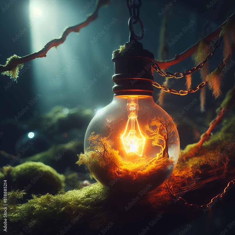 Poster An enchanted scene within a lightbulb, showing a miniature forest and deer under a mystical beam of light, with moss and chains.. AI Generation