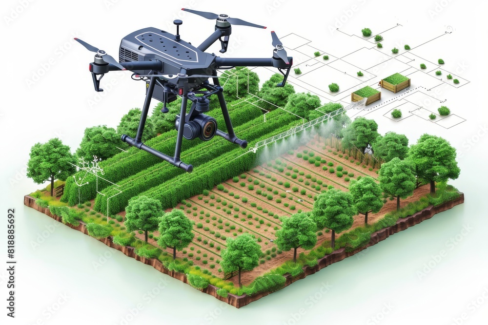 Poster drone layout design for soil quality and advanced agricultural research in futuristic field technolo