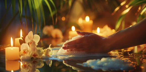 Plakat Luxurious Spa Hand Treatment with Paraffin Wax, Candles, and Orchids for Calming Atmosphere - Ideal for Wellness and Beauty Marketing