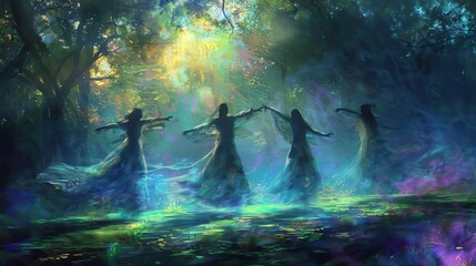 enchanting beltane ritual dance at dawn ethereal figures in flowing robes misty forest clearing digital painting