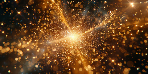 Obraz premium An explosion of golden light , Golden particles with ray on dark Background. Abstract golden background with starburst.