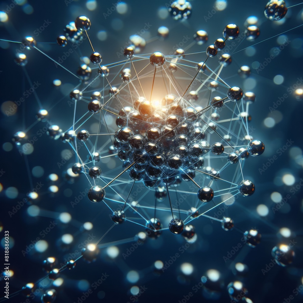 Poster a detailed 3d illustration of spherical nodes connected by lines in a network structure, glowing in 