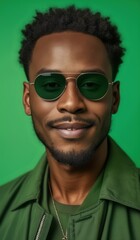 Obraz premium Man portrait. Style. Handsome Afro American guy in green jacket and sun glasses is looking at camera and smiling, on a green background