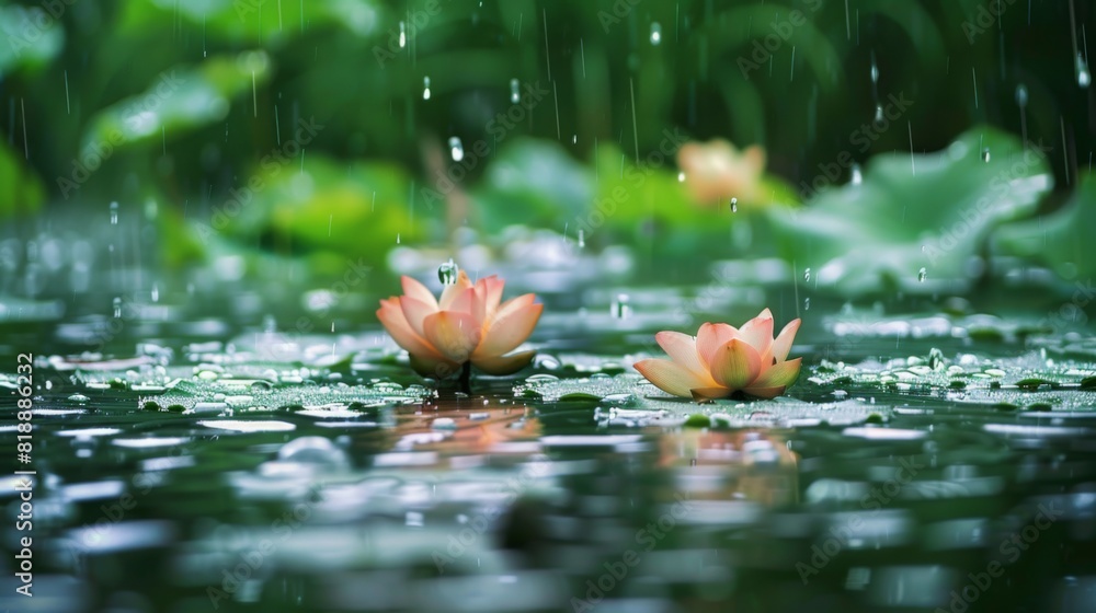 Poster serene image of raindrops gently falling on the surface of a tranquil lotus pond